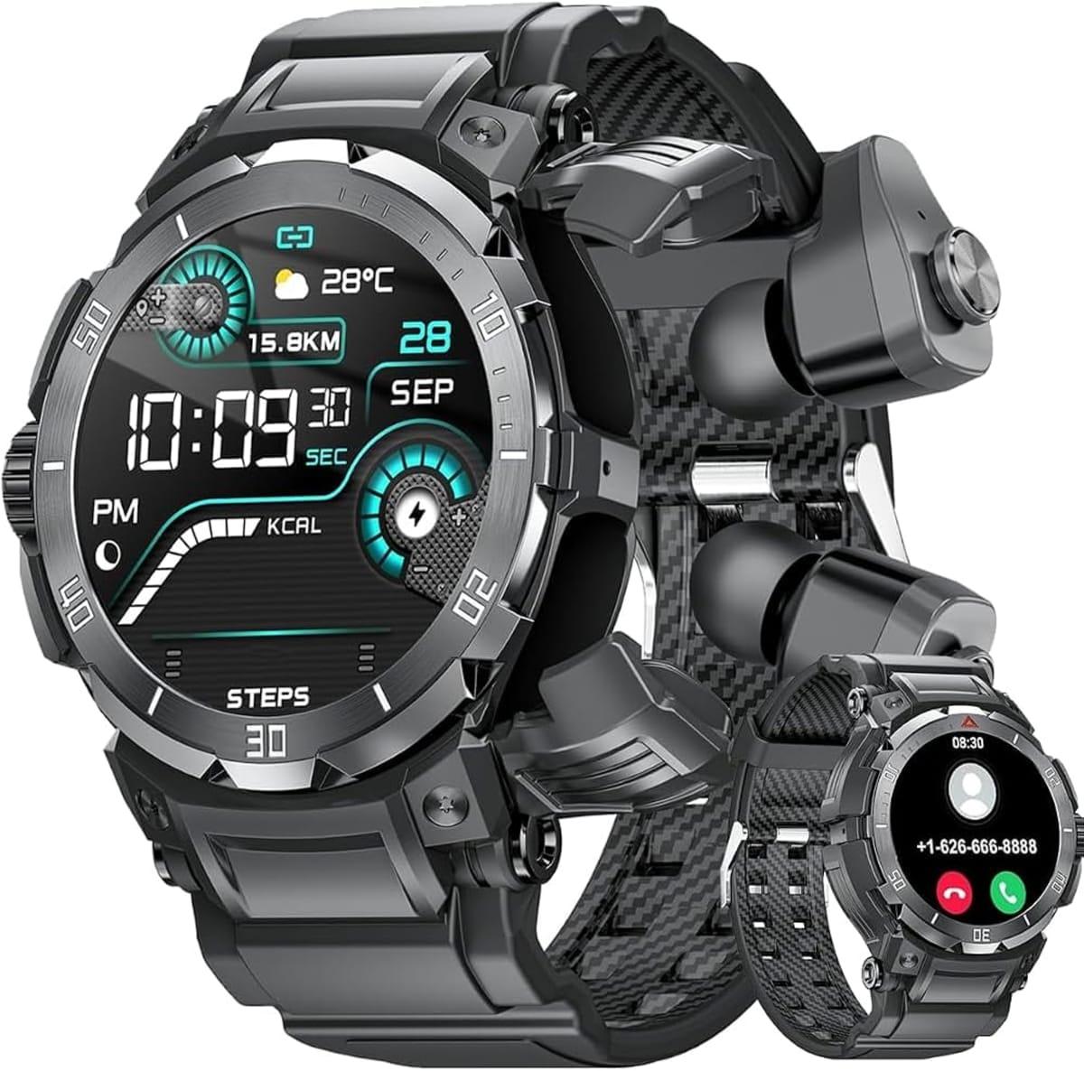 Montre connectée pour homme avec écouteurs Bluetooth, étanche IP67, traqueur d'activité avec podomètre et appels Bluetooth, idéale pour le sport